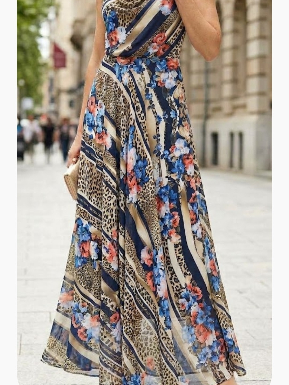 Floral & Leopard Print Maxi Skirt in Blue and Cream